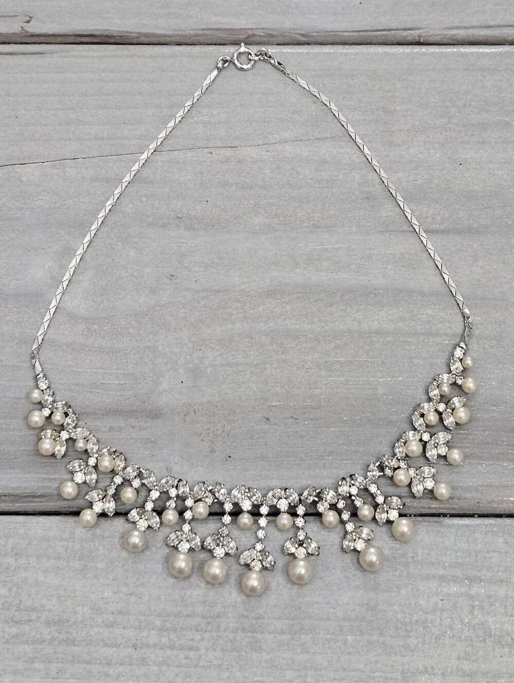 Rare Christian Dior Germany Necklace w/  Rhinestone Crystals And Pearls Signed